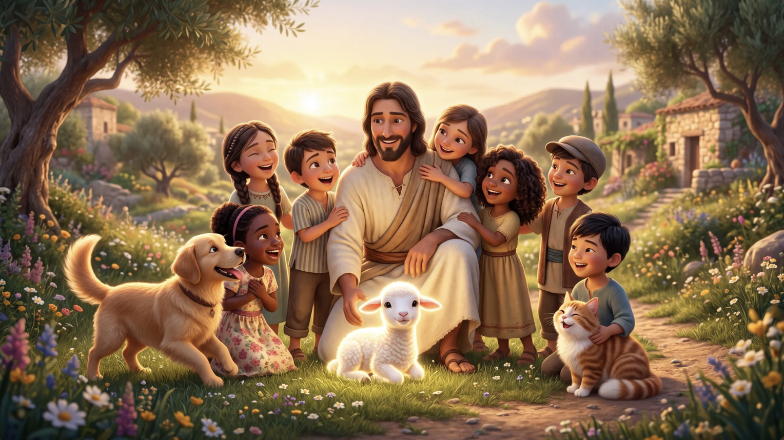 Jesus with children, a lamb, a dog and a cat