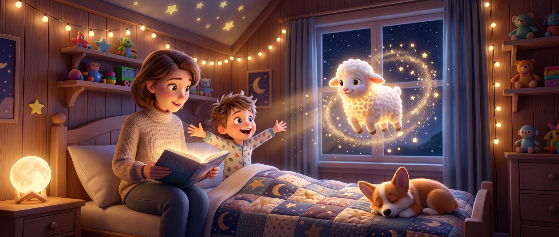 A parent reading the evening story while Lumi the glowing lamb appears at the window