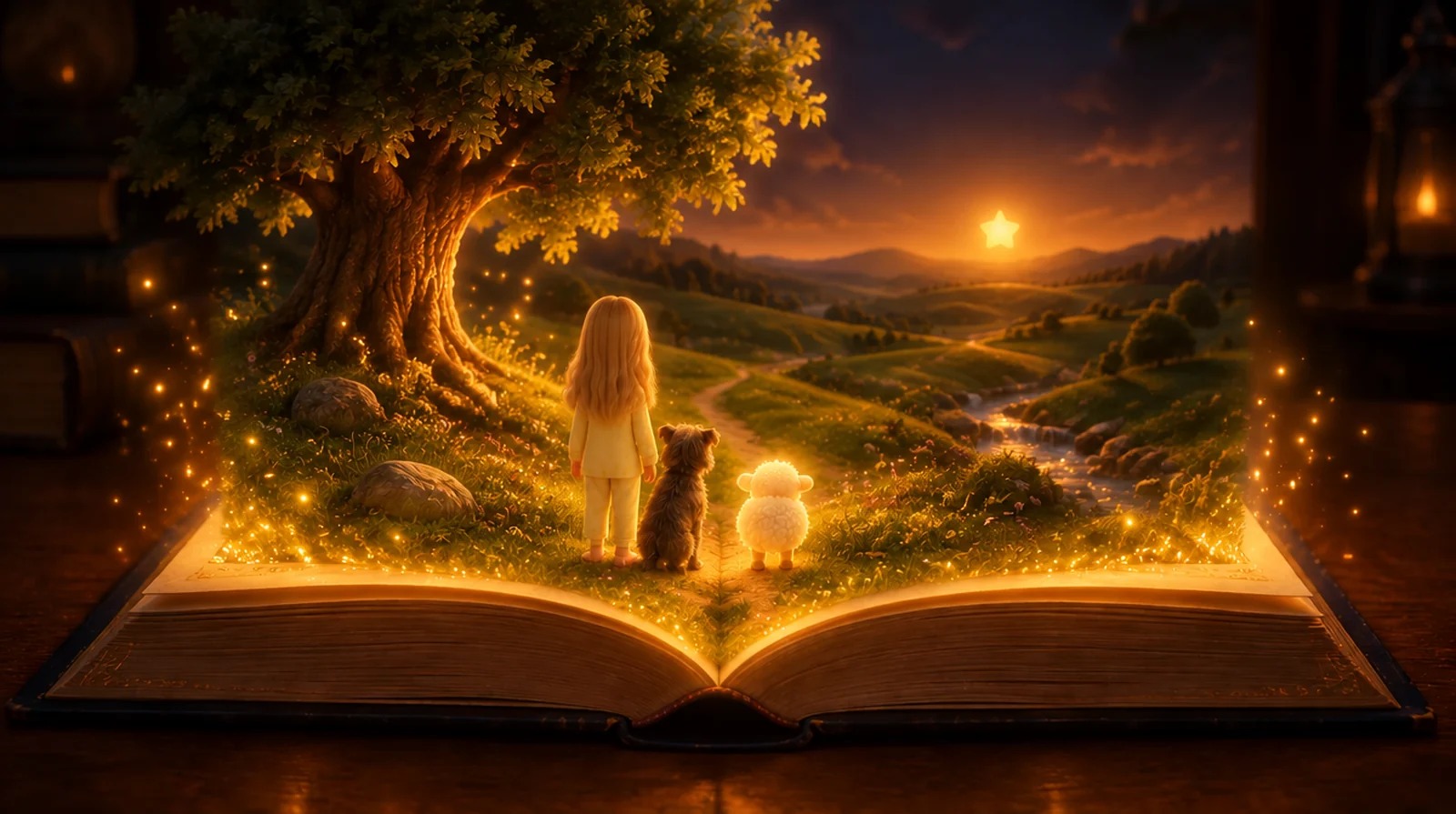 An open book from which the world of Elim grows: a child, a dog and Lumi the lamb look towards the light