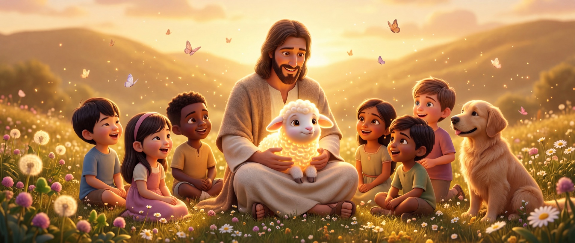 Jesus in a sunlit meadow holding Lumi the lamb, surrounded by happy children